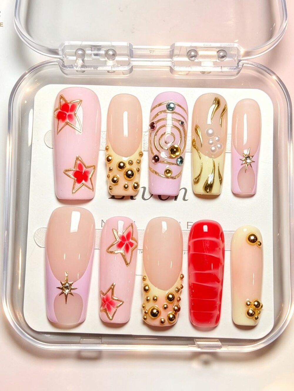 Bold Long Square Press On Nails Pink Red Star Gold Stud Gem Swirl Metal Accents